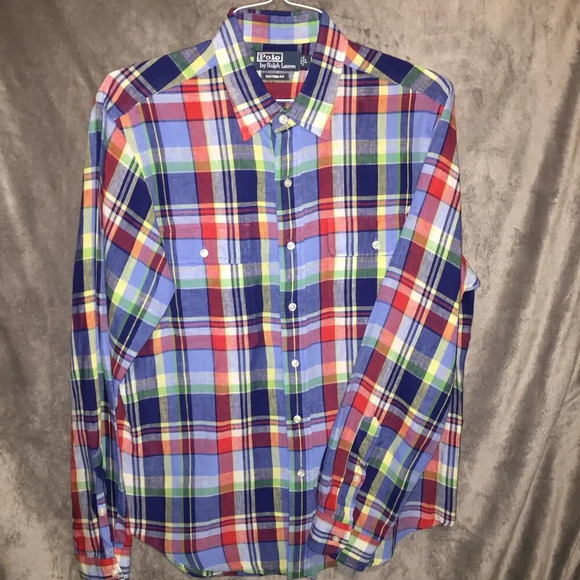 Polo Ralph Lauren Custom Fit 100% Linen Red Plaid Long Sleeve Shirt Men’s Large - Picture 1 of 7